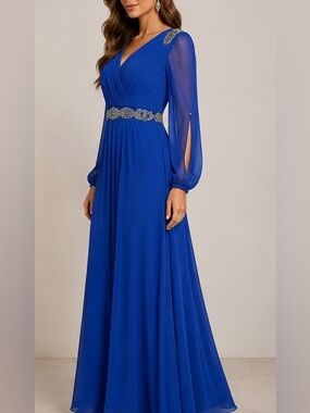 Elegant V-Neck Royal Blue Chiffon Evening Gown